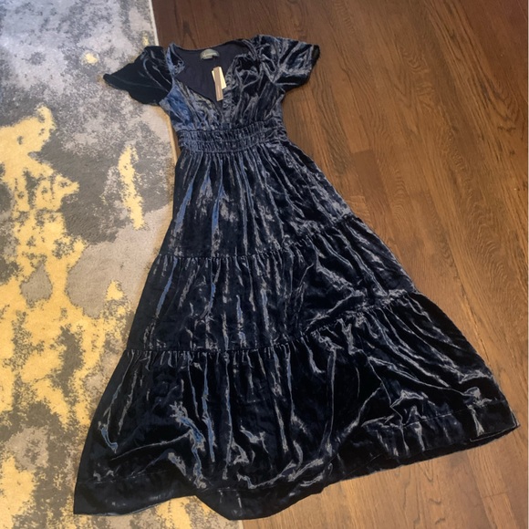 Anthropologie XXS NWT Somerset Velvet Edition Maxi Dress Long Tiered Navy Blue - Picture 4 of 11